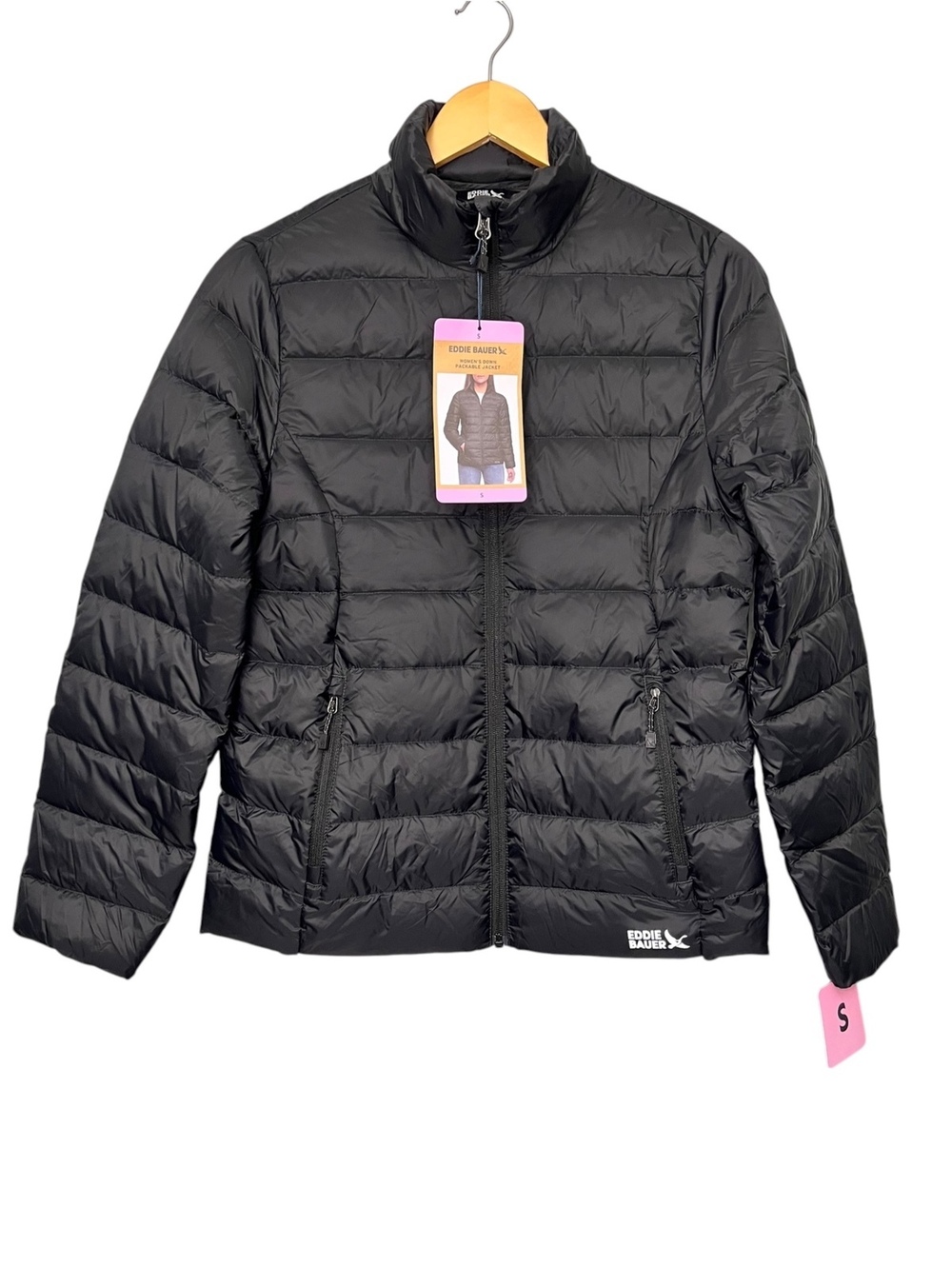 Eddie Bauer Womens Down Packable Jacket Small Black 650 Fill Puffer NWT Fall